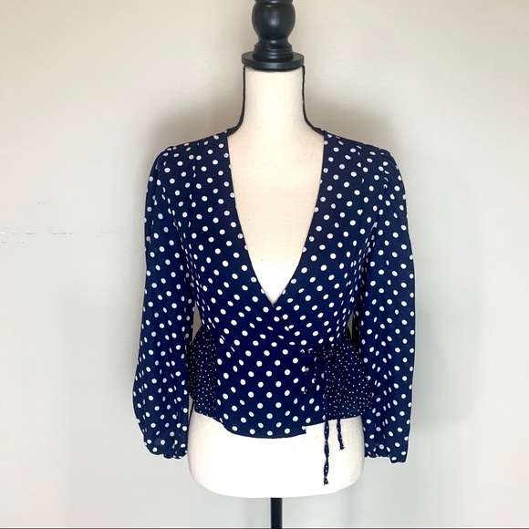 Topshop Navy Blue Mixed Polka Dot Wrap Blouse - Picture 4 of 8